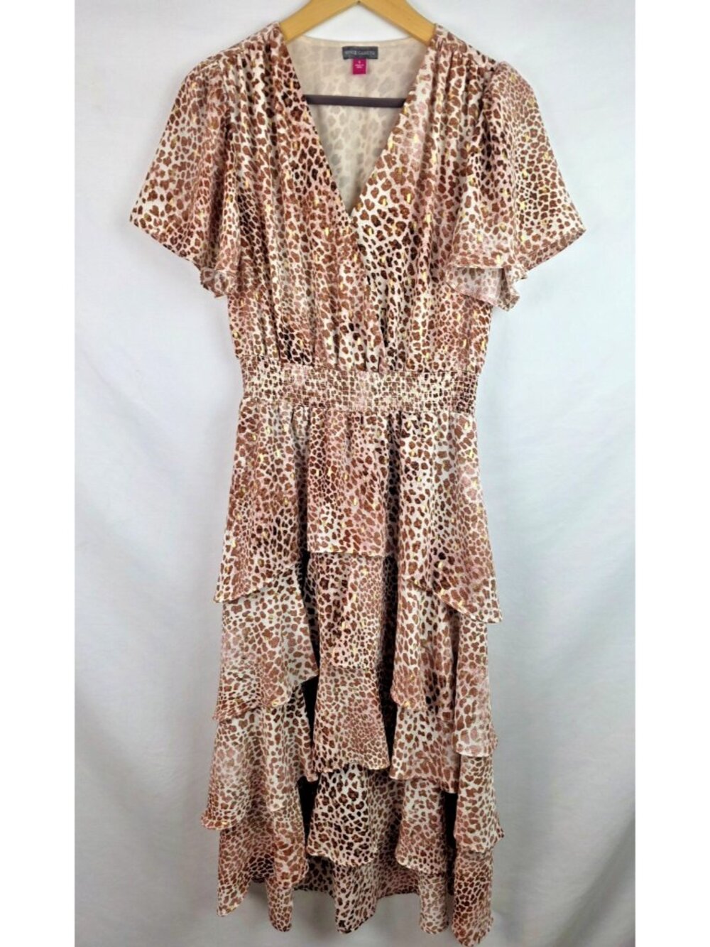 Vince Camuto Womens Dress Size Small Animal Print Short Sleeve Tiered Ruffles